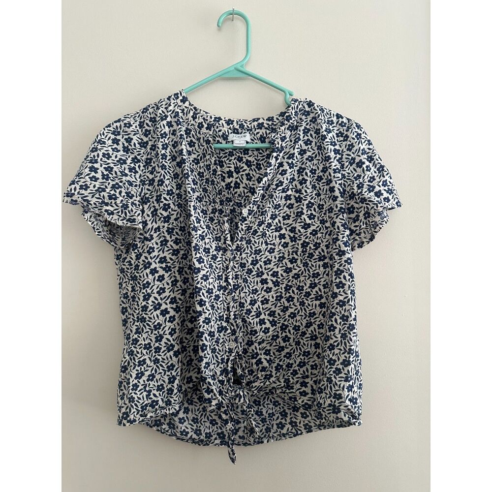J. Crew 100% Cotton Navy Floral Print Short Sleeve Tie-Front Top Blouse Women S
